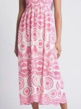 Sunday Up Strapless Pink and White Shirred Midi Dress